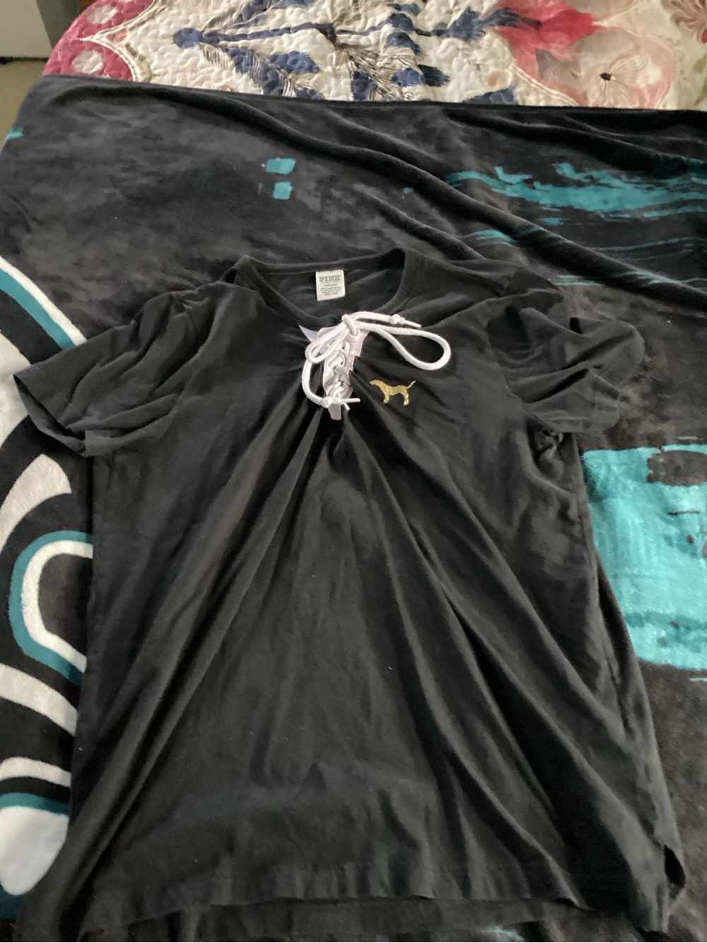 PINK Victoria's Secret Black Lace-Up Short Sleeve Tee with Gold Dog Logo